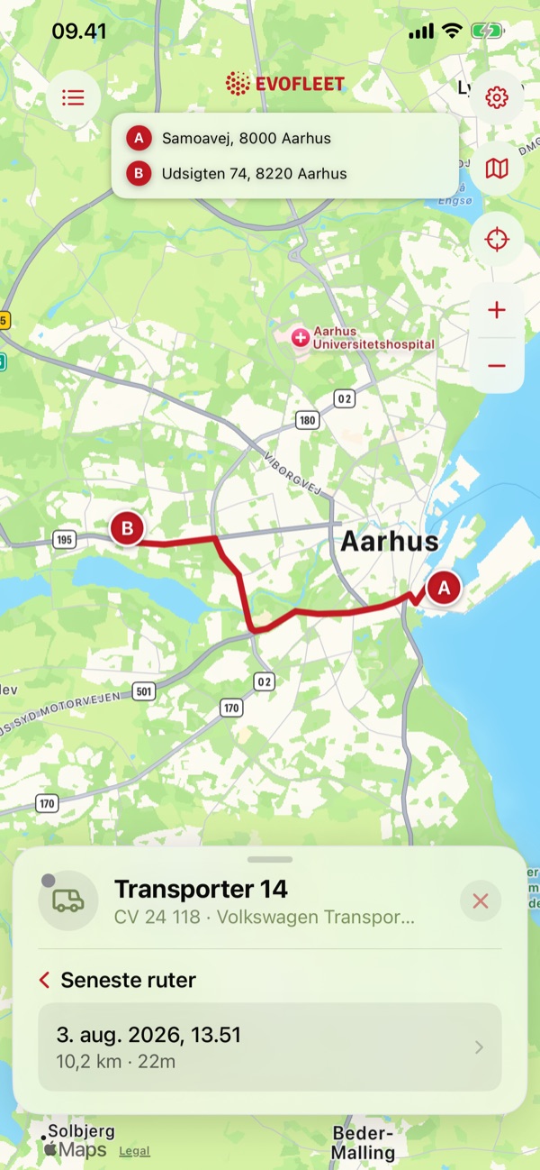 Evofleet-app – rutehistorik fra A til B med afstand og tid